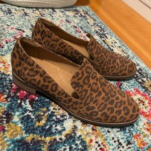 Clarks Leopard Print Slip-On Flats in Brown and Black